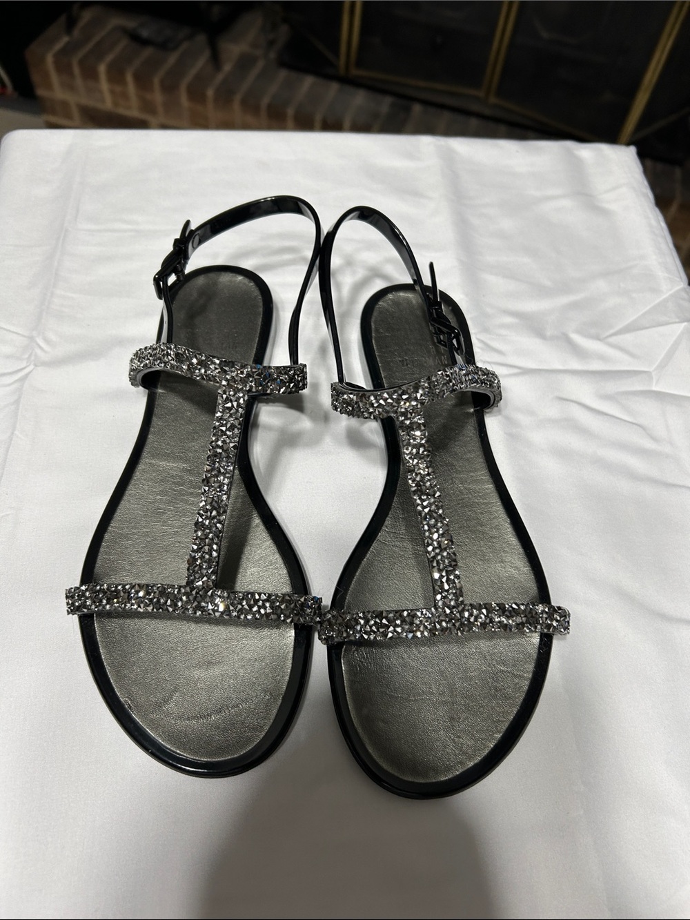 Stuart Weitzman Black Sandals with Silver Crystal T-Strap